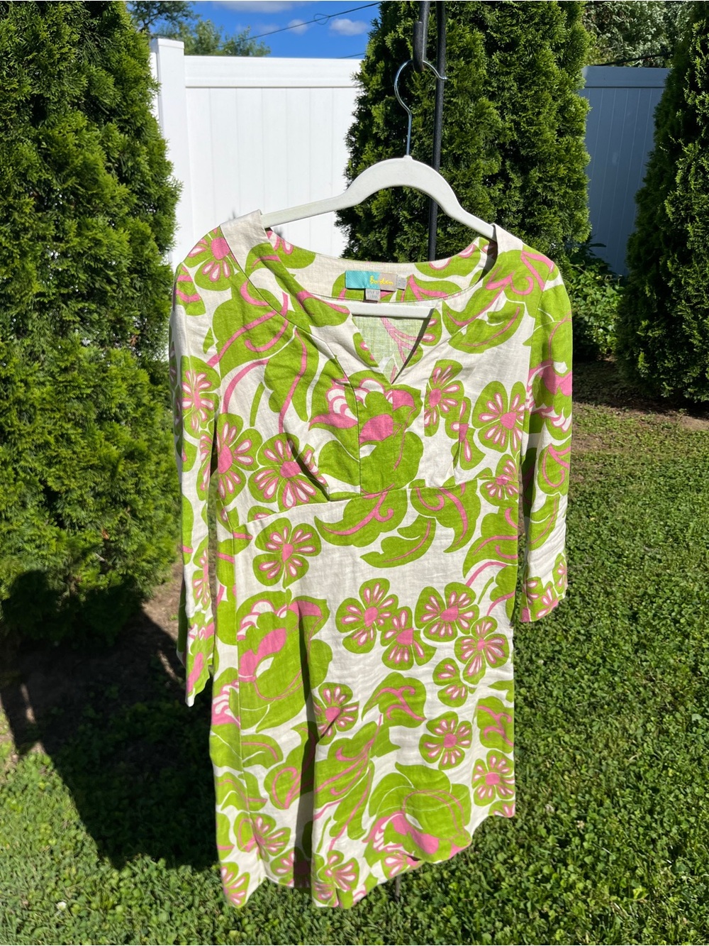 Boden Linen Floral Tunic Dress in Off-white, Green and Pink
